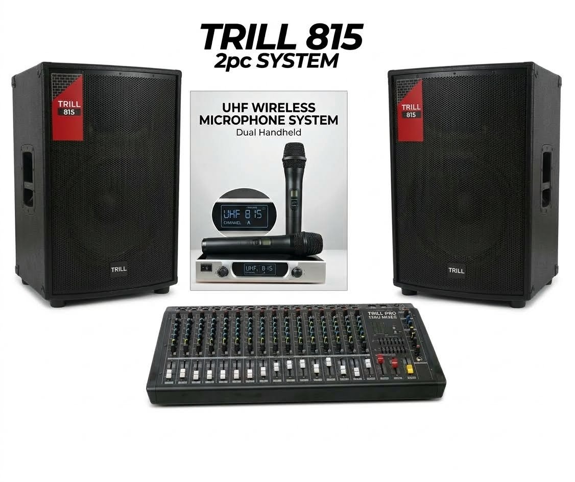 Trill Speaker 815 PA System Package with 2 Speakers, UHF Wireless Microphone and 12-Channel Audio Mixer