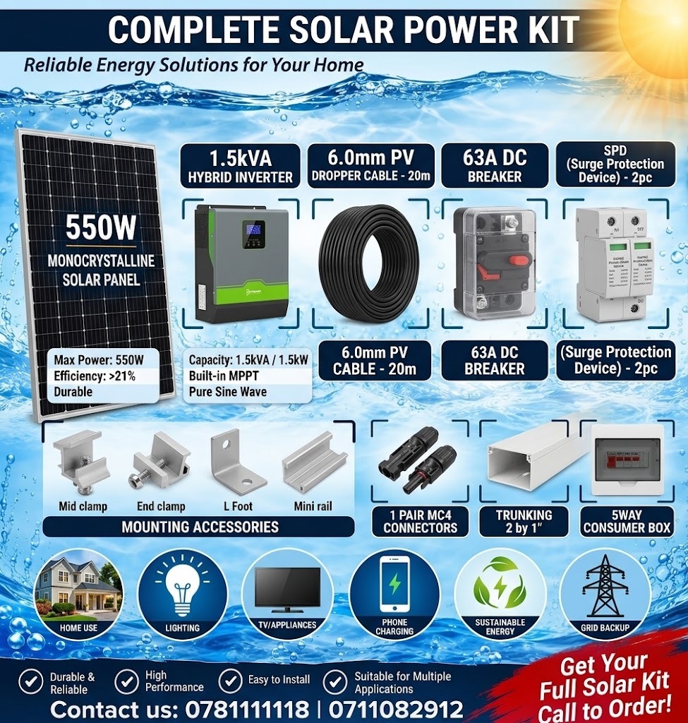 550W Monocrystalline Solar Panel with 1.5kVA Hybrid Inverter and Installation Accessories