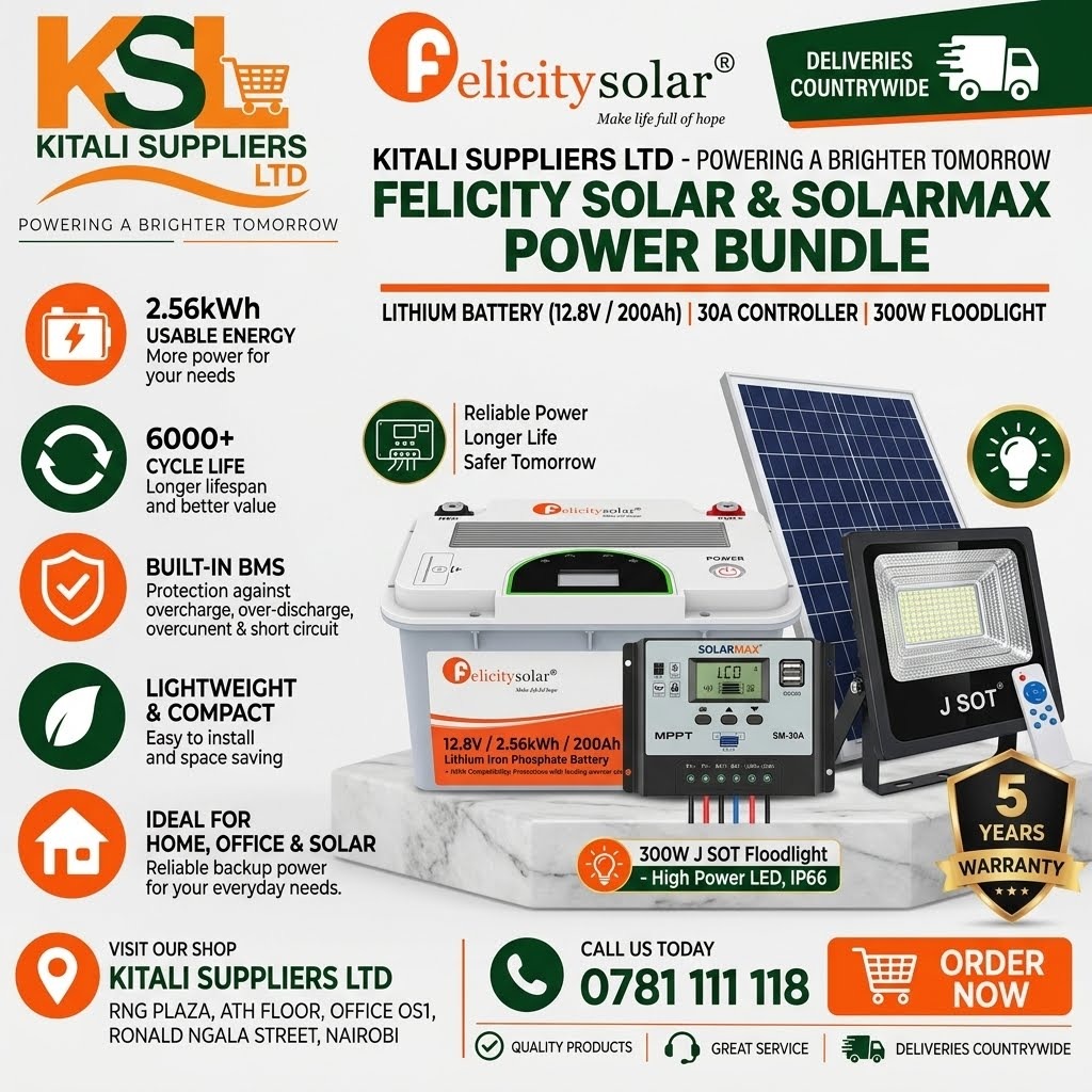 200Ah 12.8V Lithium Battery Solar Kit with 30A Charge Controller & 300W J-SOT Floodlight