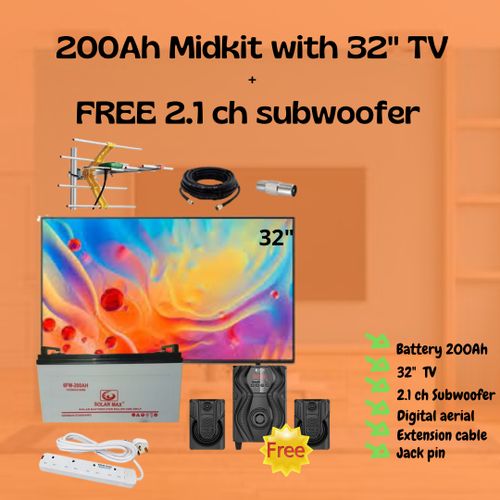 Solarmax 200Ah Battery Midkit With 32" Television Tv, FREE 2.1 Ch Sub Woofer