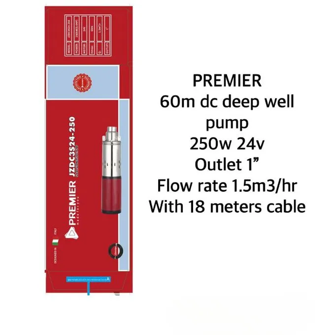 Premier Solar Submersible DC Pump 60M Lift 250W 24V Flow Rate 1.5M3/Hr With 18M Cable