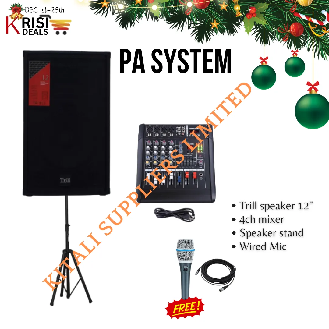 Trill Tr 812 Passive Speaker 12 Inch PA system with 4ch mixer, Speaker stand & FreeWired Mic Black