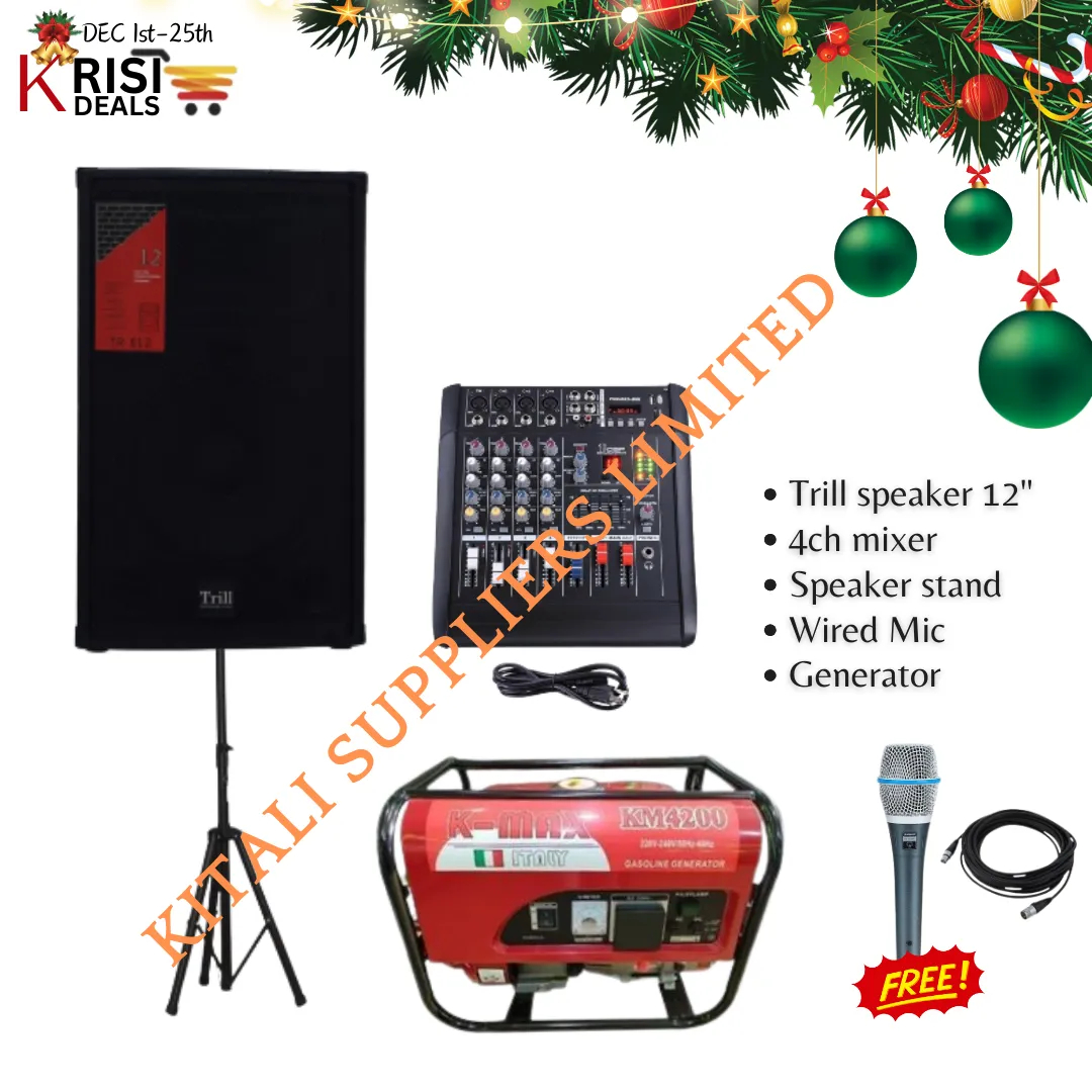 Trill Tr 812 Passive Speaker 12 Inch PA system with 4ch mixer, Speaker stand, Wired Mic, Generator Black