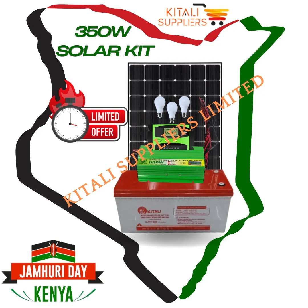 350w kitali solar panel 200ah kitali solar battery 600w powerful inverter, 20a digital controller 10m cable 3pc bulbs Black