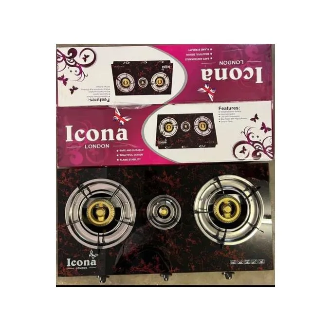 ICONA Tabletop Glass Three[3} Gas Burner,Gas Efficient, Auto Ignition