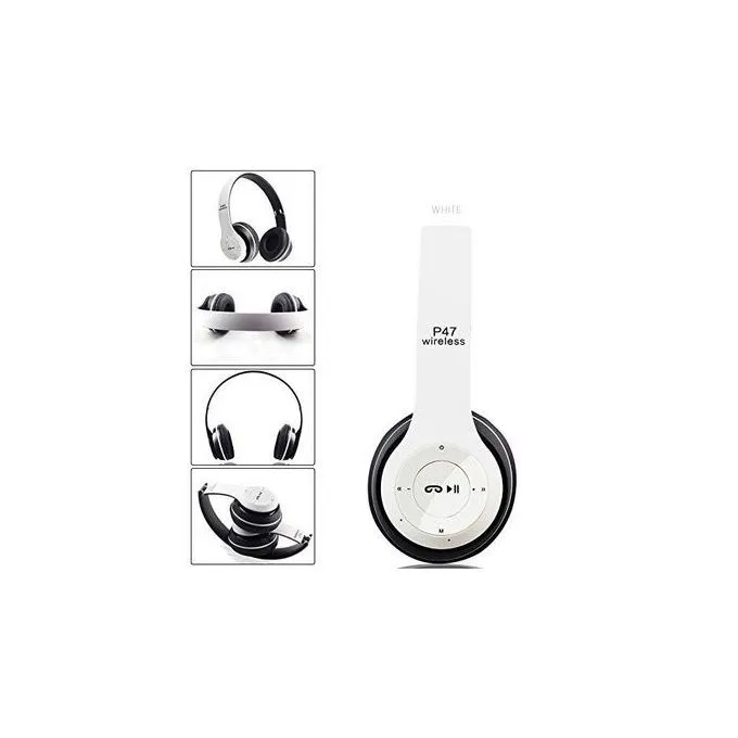 P47 Wireless Headphones, P47 Bluetooth Over Ear Foldable Headset With Microphone Stereo Earphones 3.5mm Audio Support FM Radio TF For PC TV Smart Phones & Tablets White