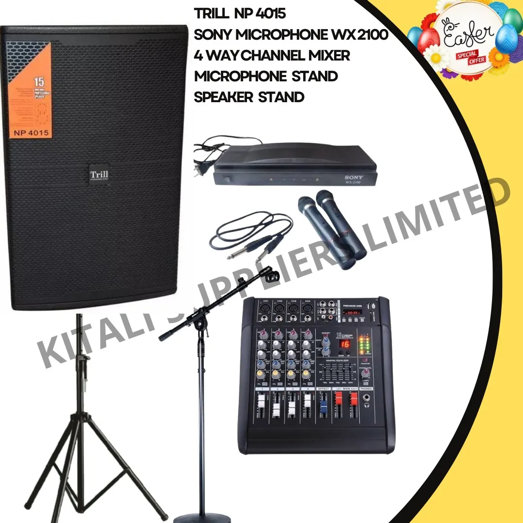 Trill speaker 4015, 4 channel mixer, sony microphone