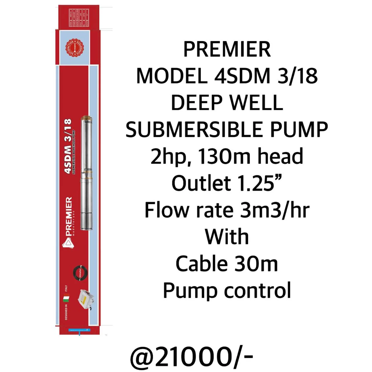Premier Deep Well Submersible Pump 2HP 130M Head Outlet Borehole Water Pump 1.25 Outlet