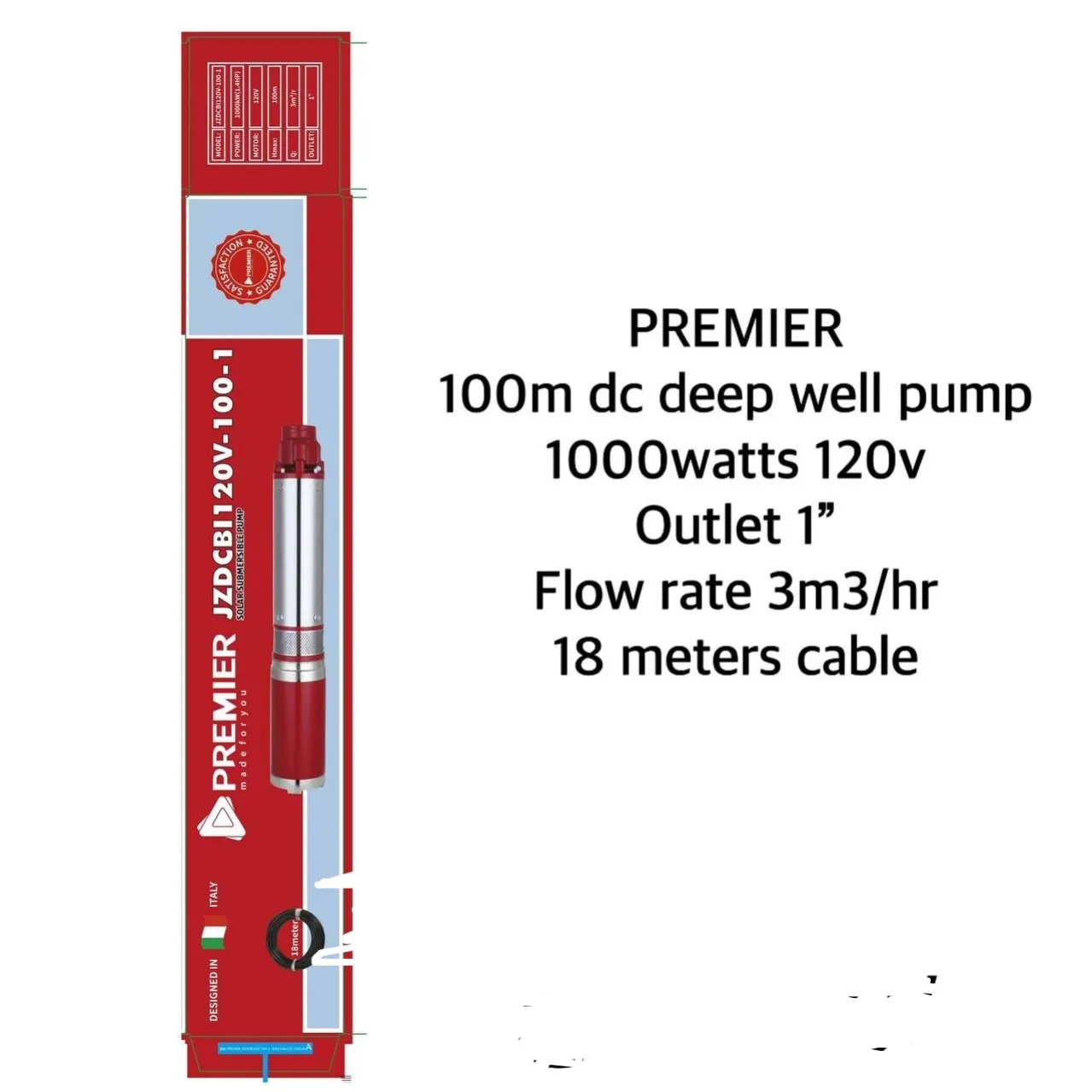 Premier 100M DC Deep Well Solar Submersible Pump 1000Watts 120V 