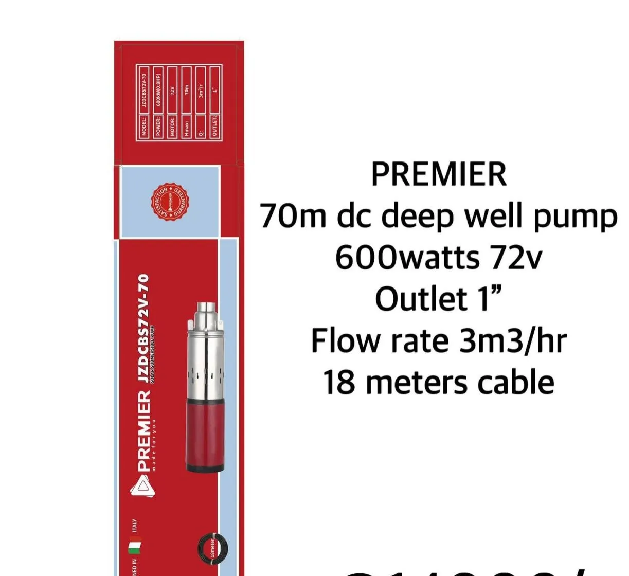 Premier 70M DC Deep Well Solar Water Pump 600Watts 72V 1