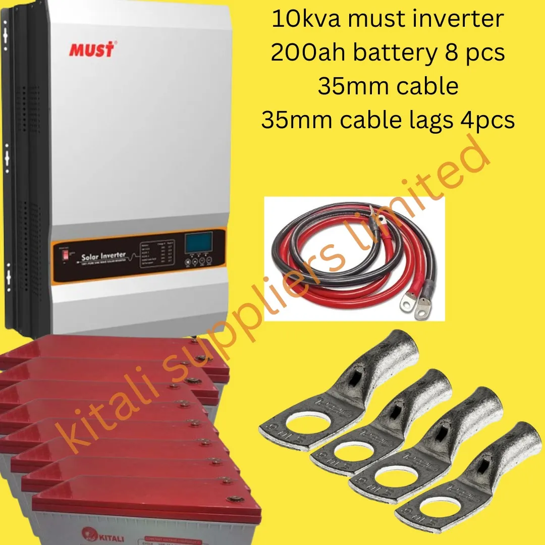 10 kva must inverter, 200ah battery 8 pcs, 35mm cable, 35mm cable lags 4 pcs
