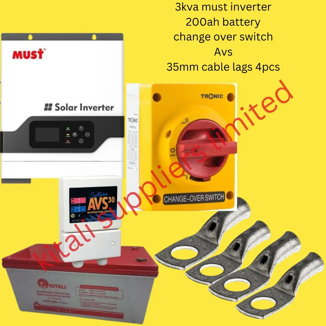 3KVA MUST INVERTER 200AH BATTERY CHANGE OVER SWITH AVs 35MM CABLE LAGS 4PCS