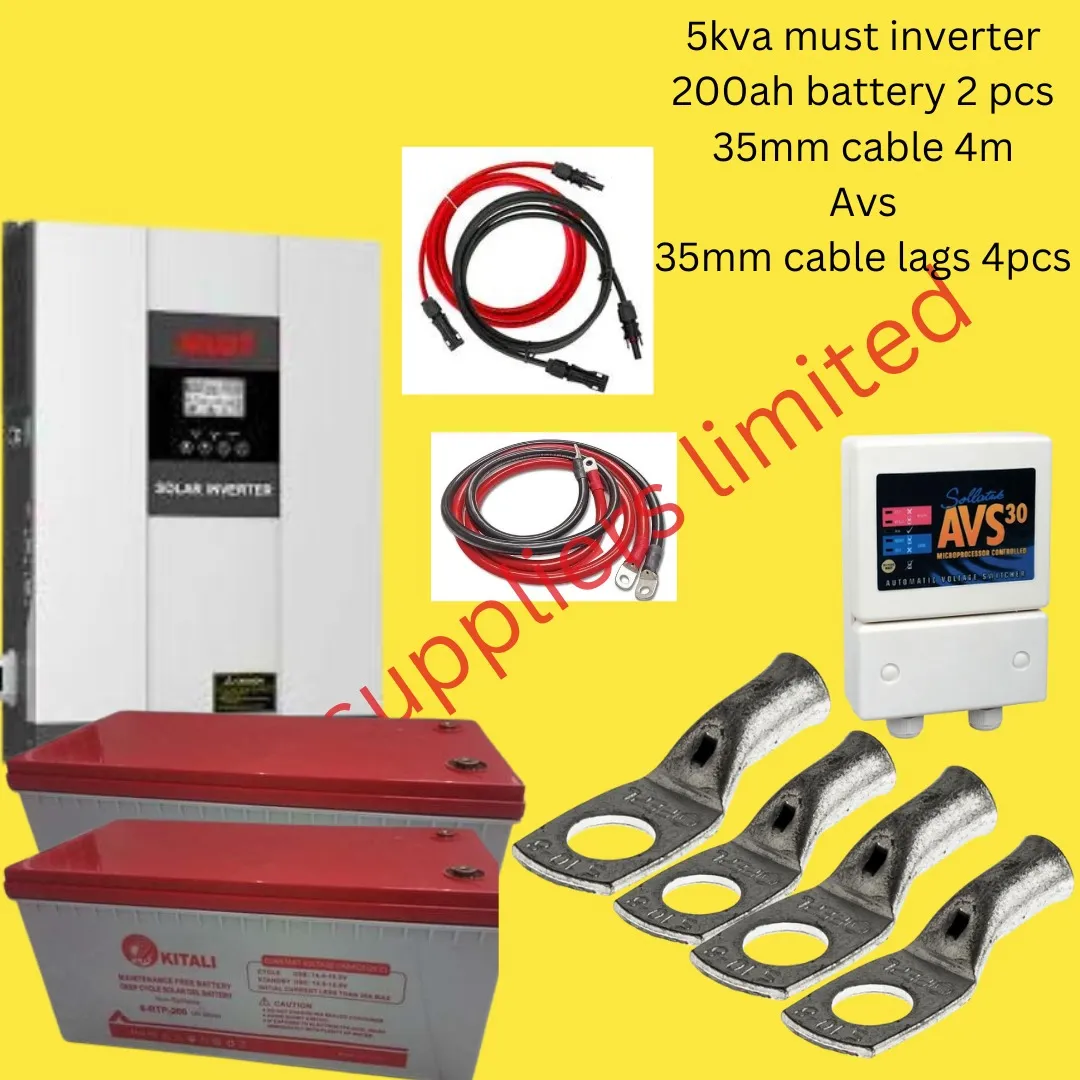 5KVA MUST INVERTER 200AH BATTERY 2PCS 35MM CABLE 4M AVs 35MM CABLE LAGS 4PCs
