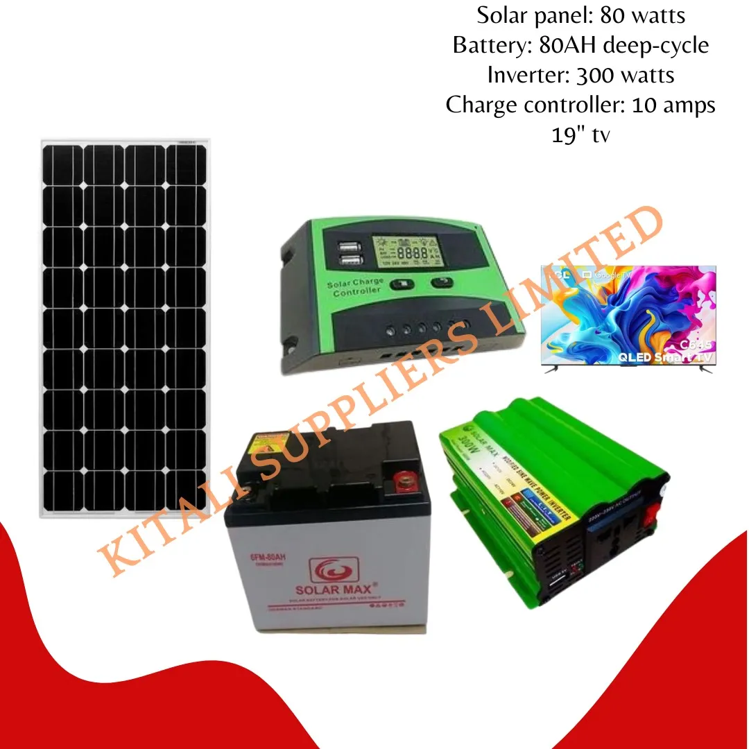 Solar panel 80 Watts+ battery 80AH deep-cycle+ Inverter 300 watts+ charge controller 10 amps+ 19'' inch tv