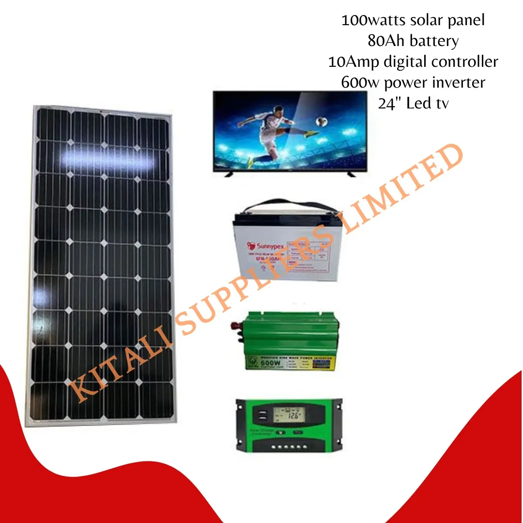 100 watts solar panel + 80 Ah battery + 10Amp digital controller + 600w power inverter +24'' led tv