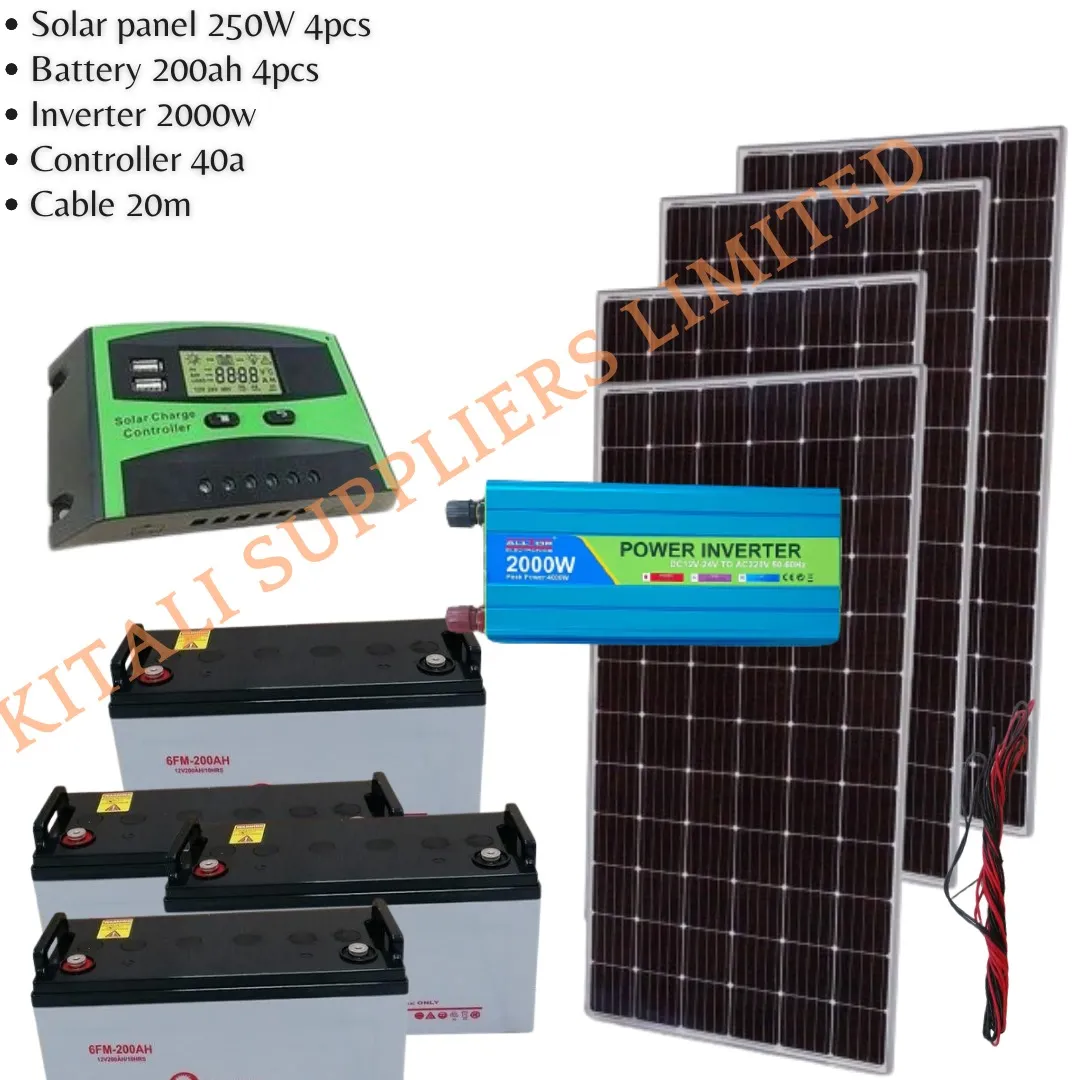 Solar panel fullkit 250w 4 pcs + Battery 200ah 4pcs +Inverter 2000w + Controller 40a + Cable 20m