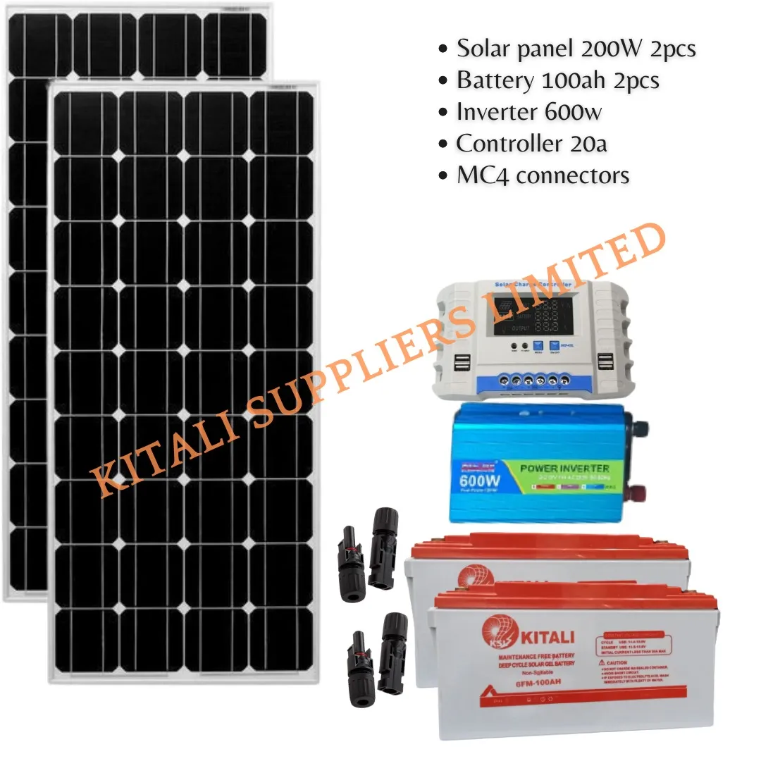Solar Panel 200W 2pcs + Battery 100ah 2pcs + Inverter 600w + Controller 20a + MC4 connectors