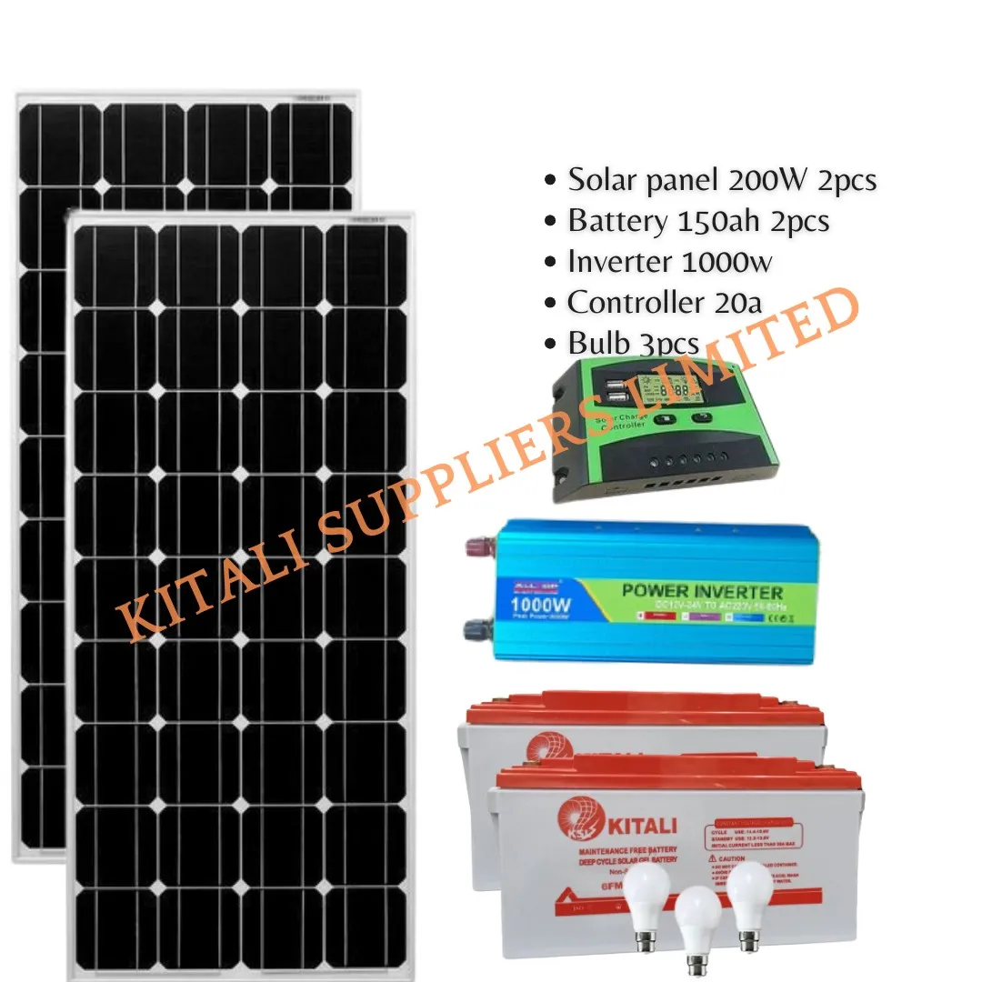 Solar panel 200W 2pcs + Battery 150ah 2pcs + Inverter 1000w + Controller 20a + Bulb 3pcs