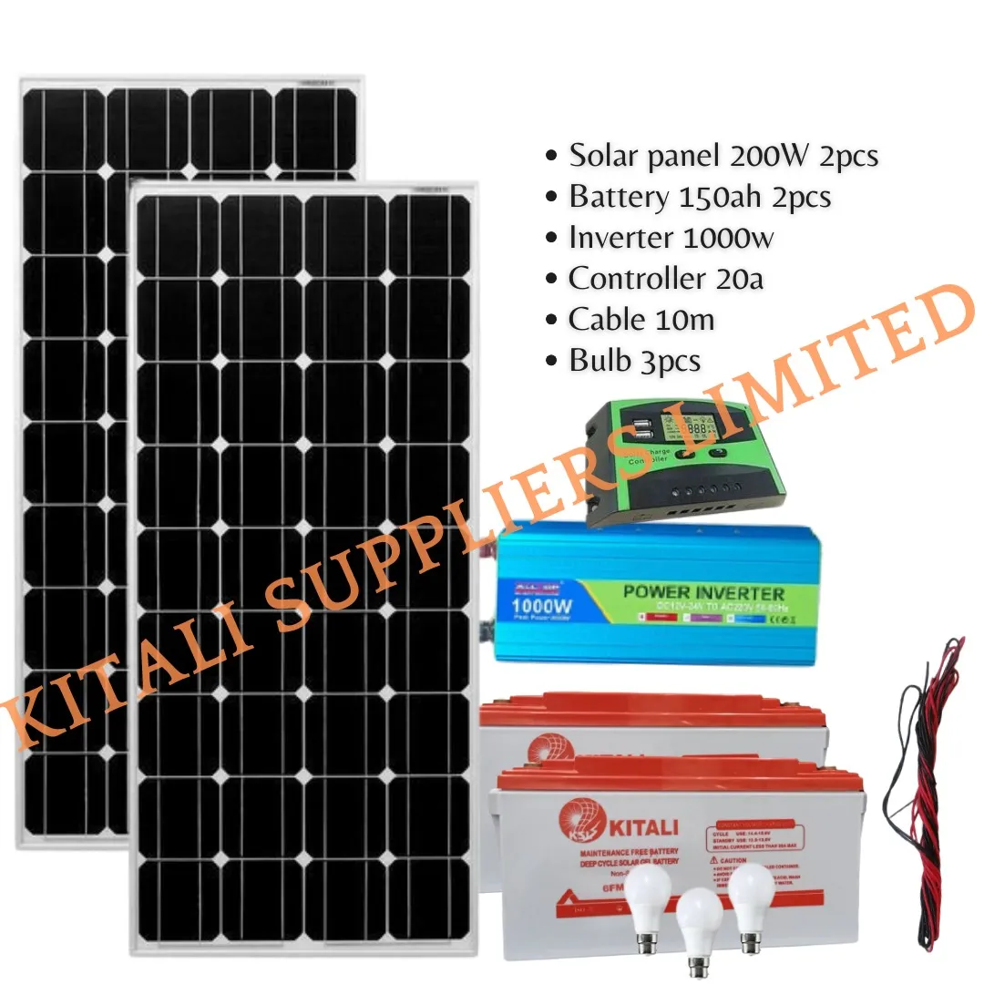 Solar Panel 200W 2pcs + Battery 150ah 2pcs + Inverter 1000w + Controller 20a +  Cable 10m +3 bulbs
