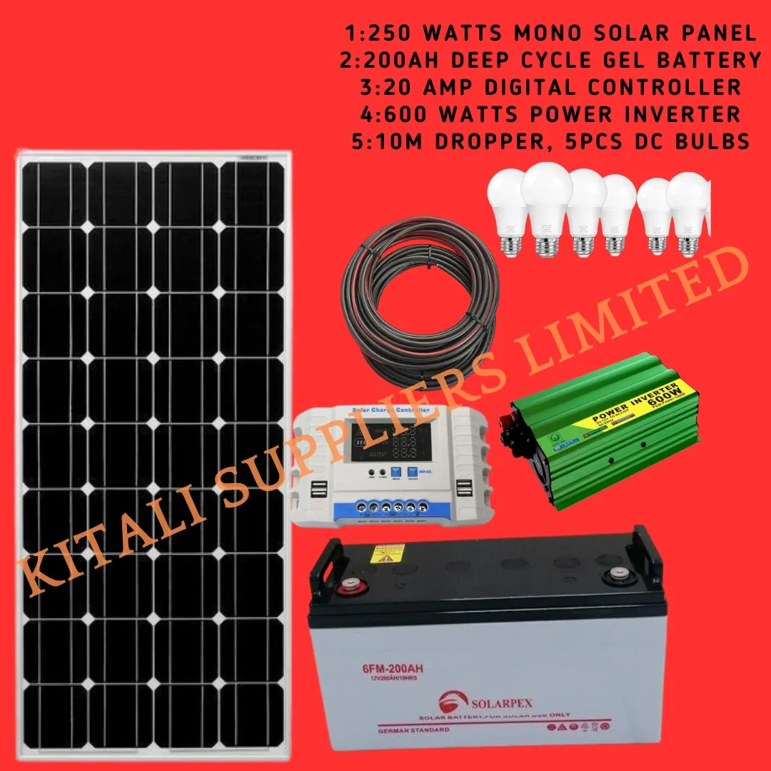 250w solar fullkit  + 200ah battery + 20Amp digital controller + 600 watts power inverter + 10M dropper + 5pcs dc bulb