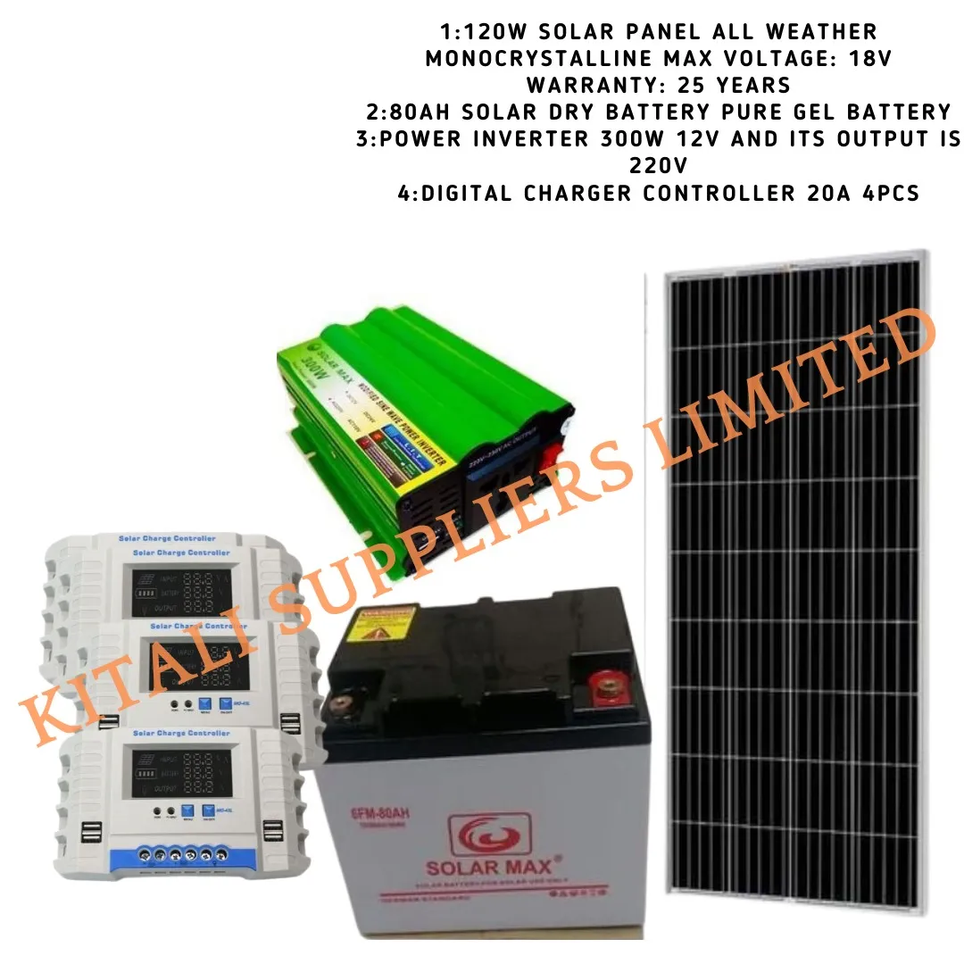 Solar panel 120 Watts+ battery 80AH deep-cycle+ Inverter 300 watts+ digital charger controller 20A 4pcs