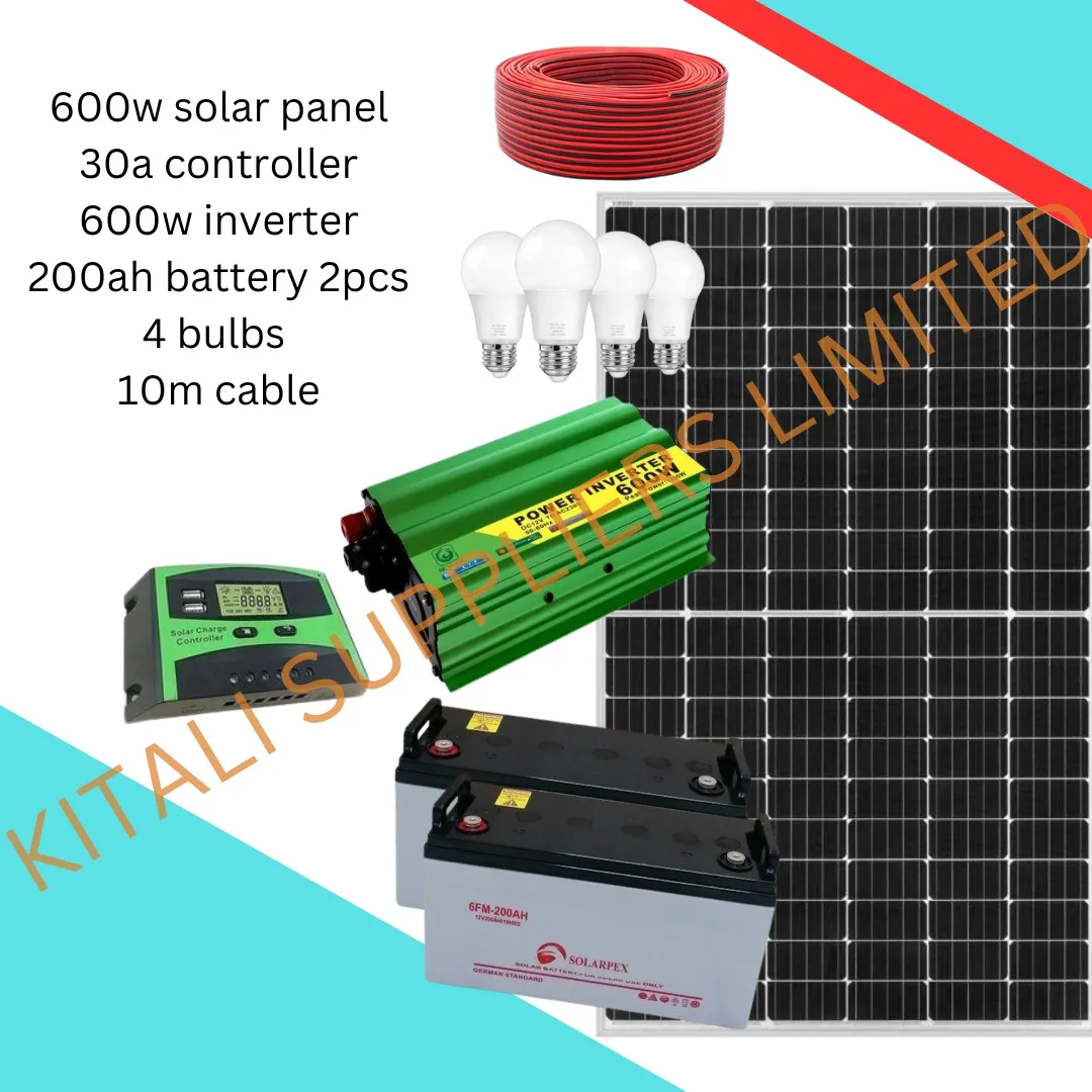  600W solar panel + 30a controller + 600w inverter+ 200ah battery 2pcs + 4 bulbs + 10m cable