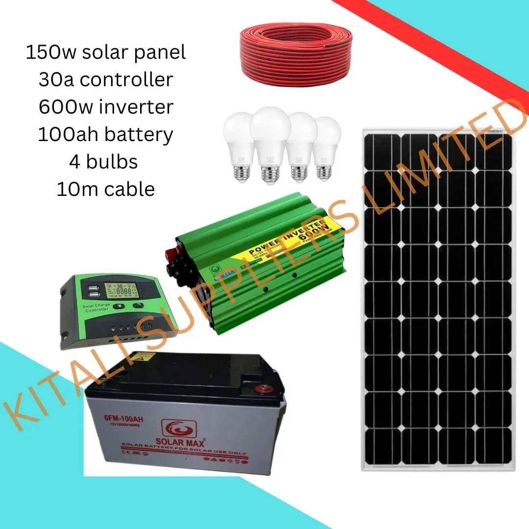 Monocrystaline 150w solar,  30amps controller 600w inverter 100ah battery dry cell plus free dc bulbs