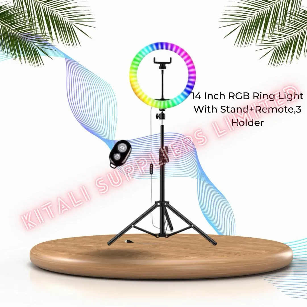 14 Inch RGB Ring Light With Stand+Remote,3 Holder
