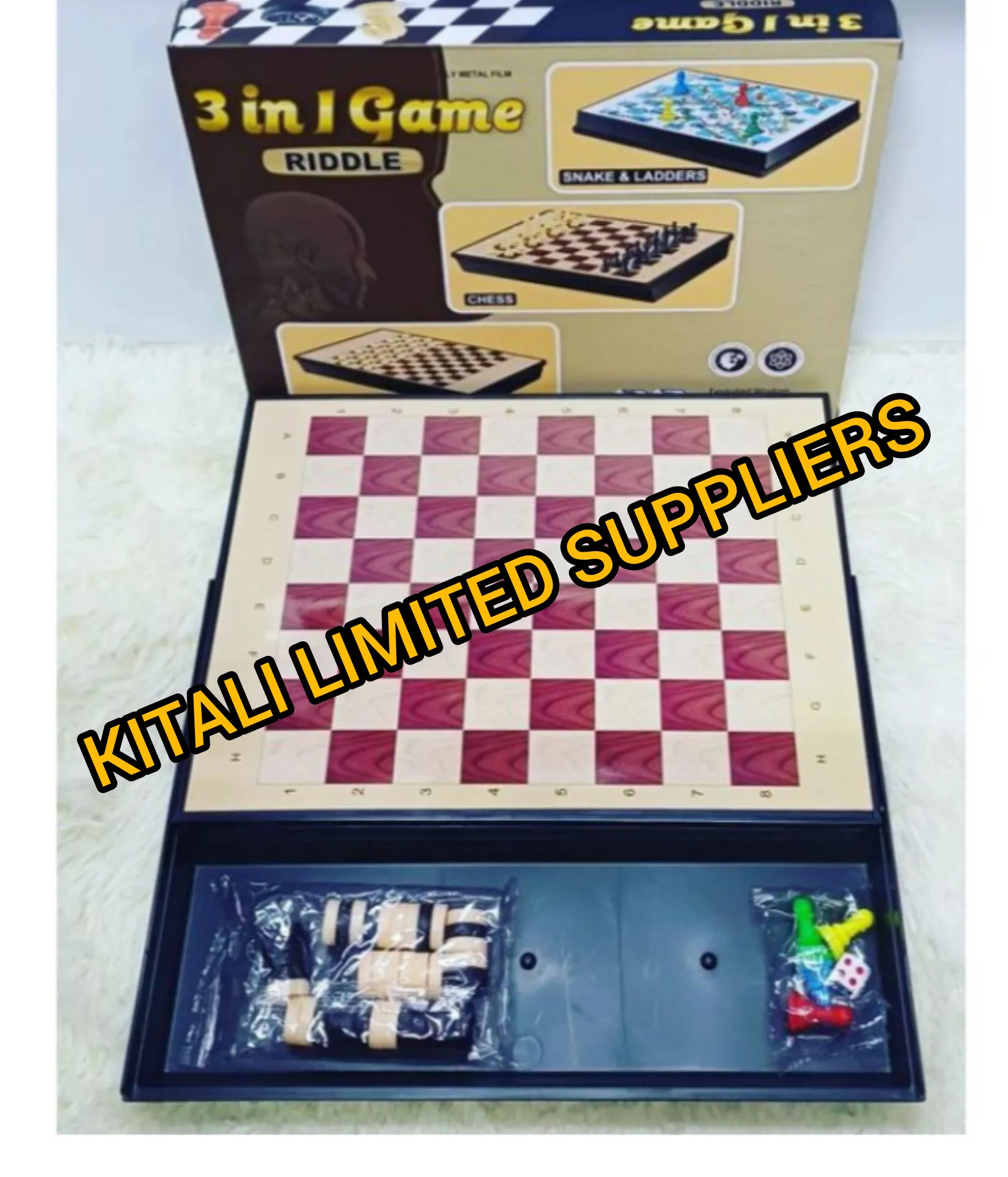 3 in 1 board game : CHESS , DRAUGHTS , SNAKES AND LADDER GAMES . 