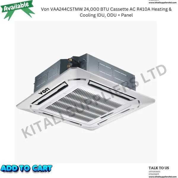 Von VAA244CSTMW 24,000 BTU Cassette AC R410A Heating & Cooling IDU, ODU + Panel