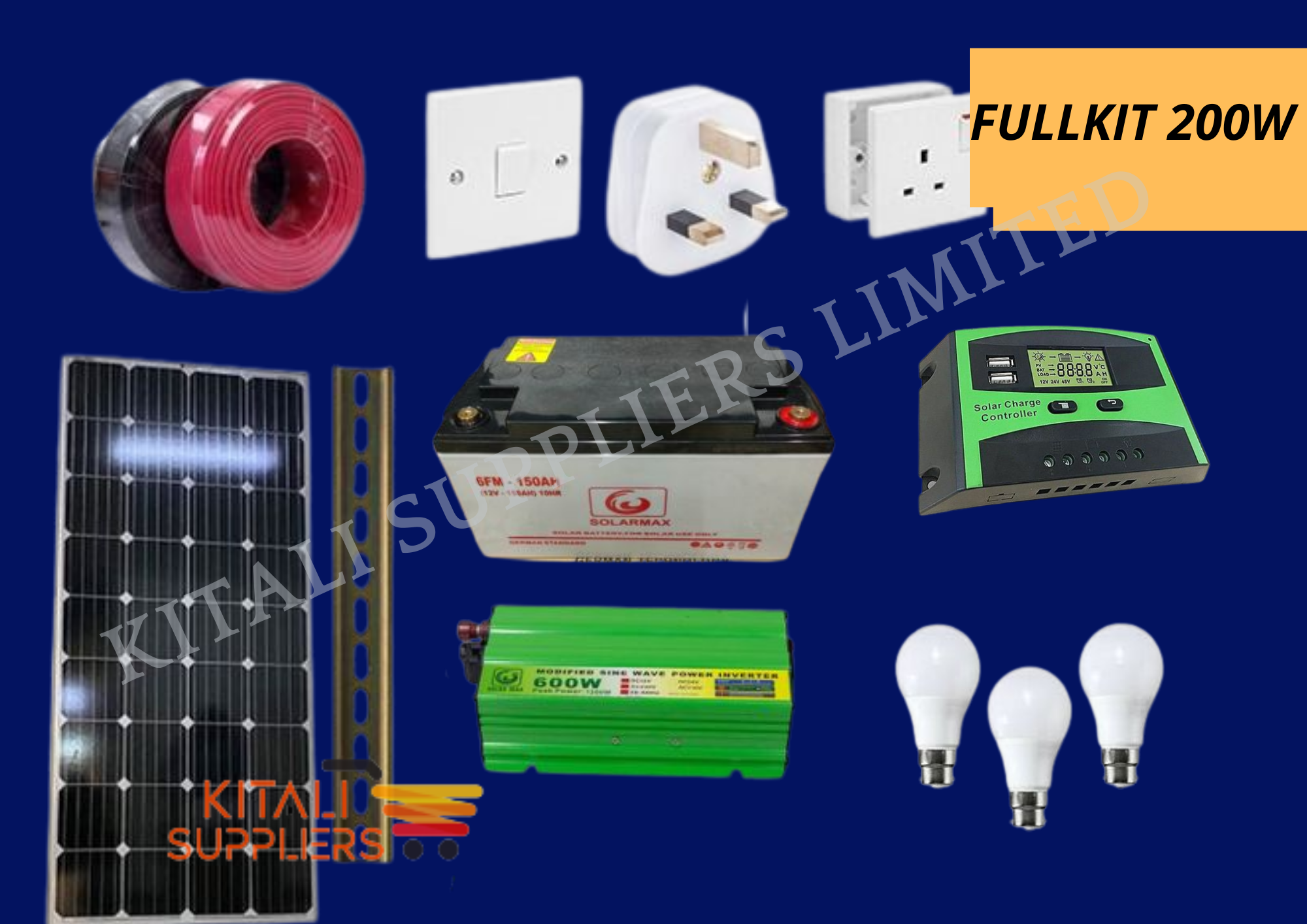 Solar Panel Fullkit 400W panel+ battery 200ah + invreter 1000w + controller 30a+ cable 10m+ 3bulbs