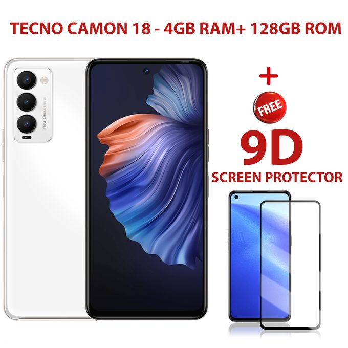 Tecno Camon 18, 6.6'', 128GB+4GB RAM, 5000mAh, 4G LTE+FREE 9D GLASS PROTECTOR -WHITE