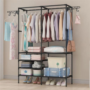Double Row Coat Rack, Clothes, Shoes, Bags, Storage Rack, Drying Rack - Black