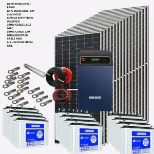 16PCs 550W SOLAR PANEL, 12PC 200AH LUMINOUS BATTERY, 12.5KVA 48V LUMINOUS INVERTER, 35MM CABLE 12M, 35MM CABLE LAGS 16PCs, 10.0MM DROPPER CABLE 40M, ALLUMINIUM METAL RAILS