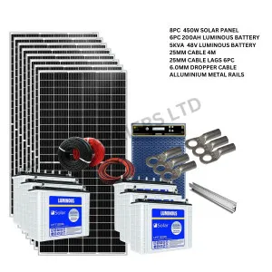 8PCs 450W SOLAR PANEL, 6PC 200AH LUMINOUS BATTERY, 5KVA 48V LUMINOUS INVERTER, 25MM CABLE 4M, 25MM CABLE LAGS 6PCs, 6.0MM DROPPER CABLE, ALLUMINIUM METAL RAILS