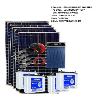 6PCs 460W SOLAR PANEL, 4PC 200AH LUMINOUS BATTERY, 5KVA 48V LUMINOUS INVERTER, 25MM CABLE 6M, 25MM CABLE LAGS 6PCs, 6.0MM DROPPER CABLE 30M