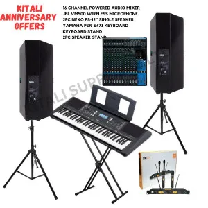 16 Channel Powered Audio Mixer, JBL VM500 Wireless Microphone, 2Pcs Nexo Ps-12'', Yamaha Psr-E473 Keyboard, Keyboard stand, 2 Speaker Stand