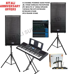 16 Channel Powered Audio Mixer, JBL VM500 Wireless Microphone, 2Pcs Nexo Ps-12'', Yamaha Psr-E373 Keyboard, Keyboard stand, 2 Speaker Stand