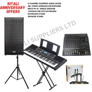 8 Channel Powered Audio Mixer, JBL VM500 Wireless Microphone, Nexo Ps-15'' Single Speaker, Yamaha Psr-E373 Keyboard, Keyboard stand, Speaker Stand