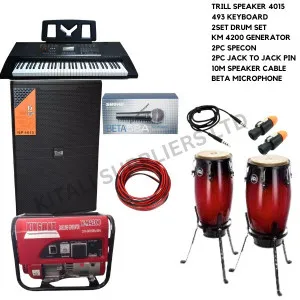 trill speaker 4015, 493 keyboard, 2set drum set, km-4200 generator,  2pc specon, 2pc jack to jack pin 10m speaker cable , beta microphone