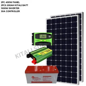 2Pcs 400W Solar Panel, 2Pcs 200Ah Kitali Battery, 1500W Inverter, 30A controller