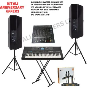 8 Channel Powered Audio Mixer, JBL VM500 Wireless Microphone, 2Pcs Nexo Ps-15'', Yamaha Psr-E473 Keyboard, Keyboard stand, 2 Speaker Stand