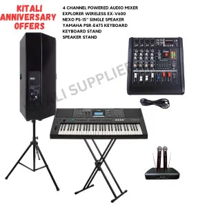 4 Channel Powered Audio Mixer, Explorer Wireless Ex-V600 Microphone, Nexo Ps-15'', Yamaha Psr-E473 Keyboard, Keyboard stand, Speaker Stand