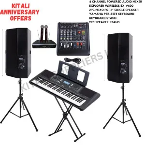 4 Channel Powered Audio Mixer, Explorer Wireless Ex-V600 Microphone, 2Pcs Nexo Ps-12'', Yamaha Psr-E373 Keyboard, Keyboard stand, 2 Speaker Stand