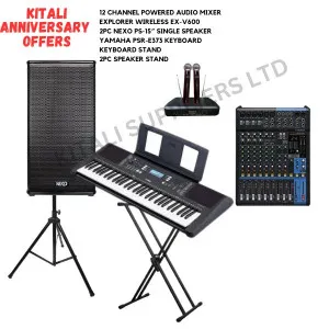 12 Channel Powered Audio Mixer, Explorer Wireless Ex-V600 Microphone, 2Pcs Nexo Ps-15'', Yamaha Psr-E373 Keyboard, Keyboard stand, 2 Speaker Stand