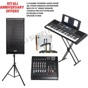 6 Channel Powered Audio Mixer, JBL VM500 Wireless Microphone, Nexo Ps-15'', Yamaha Psr-E373 Keyboard, Keyboard stand, Speaker Stand