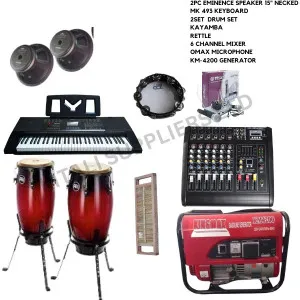 2pc 15" Eminance speaker necked, mk 493 keyboard,  2 set Drum set, kayamba,  Rettle, 6 channel mixer, Omax microphone,  Km -4200 Generator