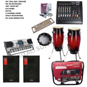 Trill speaker 8815, MK 935 Keyboard,  2set drum set,  kayamba, rettle, 6 channel mixer, omax microphone, km4600 generator