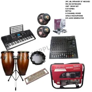 2pc jbl 15" Necked speaker, Mk 812 trill speakers, 2set drum set, kayamba, Rettle, 8 channel mixer,  omax microphone,  km4200 Generator