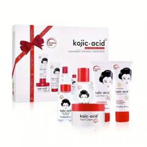 Guanjing Kojic Acid & Niacinamide Skin Care Series 5 Piece Set of FACE CREAM + FACE SERUM + SUNSCREEN CREAM + FACIAL WASH + ESSENCE TONER. Moisturizes, Fades Spots, Scars, is Anti-Aging, Brig